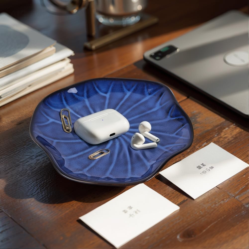 Cuenco decorativo de cerámica azul, plato pequeño de 8.3 pulgadas, cuenco de frutas, plato de caramelos, cuenco para llaves para mesa de entrada, plato de joyería y anillo, plato de porcelana