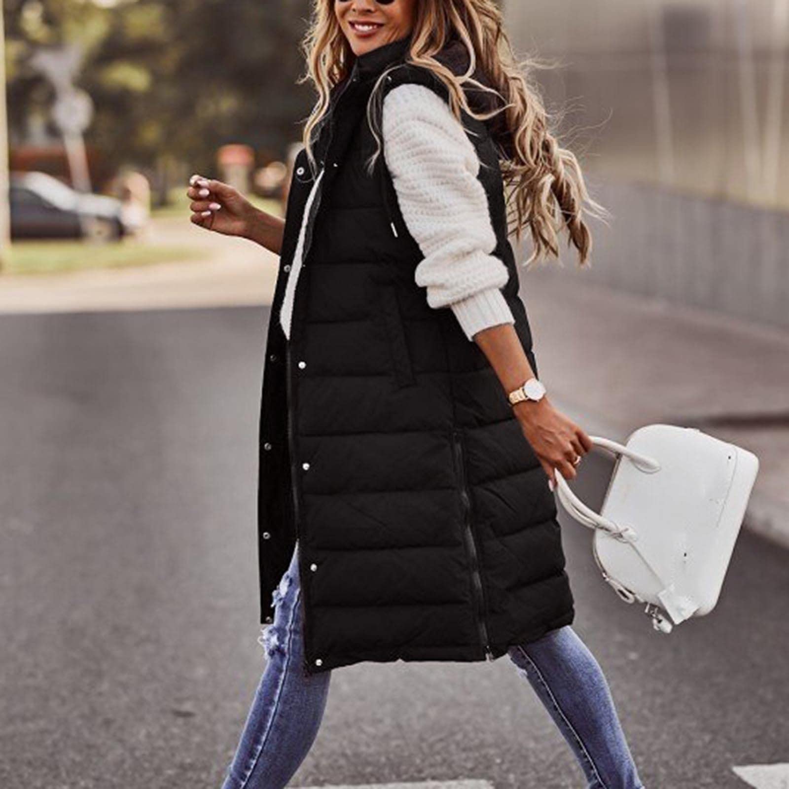 Chaleco largo para mujer con capucha – Abrigo largo de invierno cálido con capucha sin mangas chaleco acolchado para mujer ligero chaleco acolchado para exteriores con bolsillos chaleco