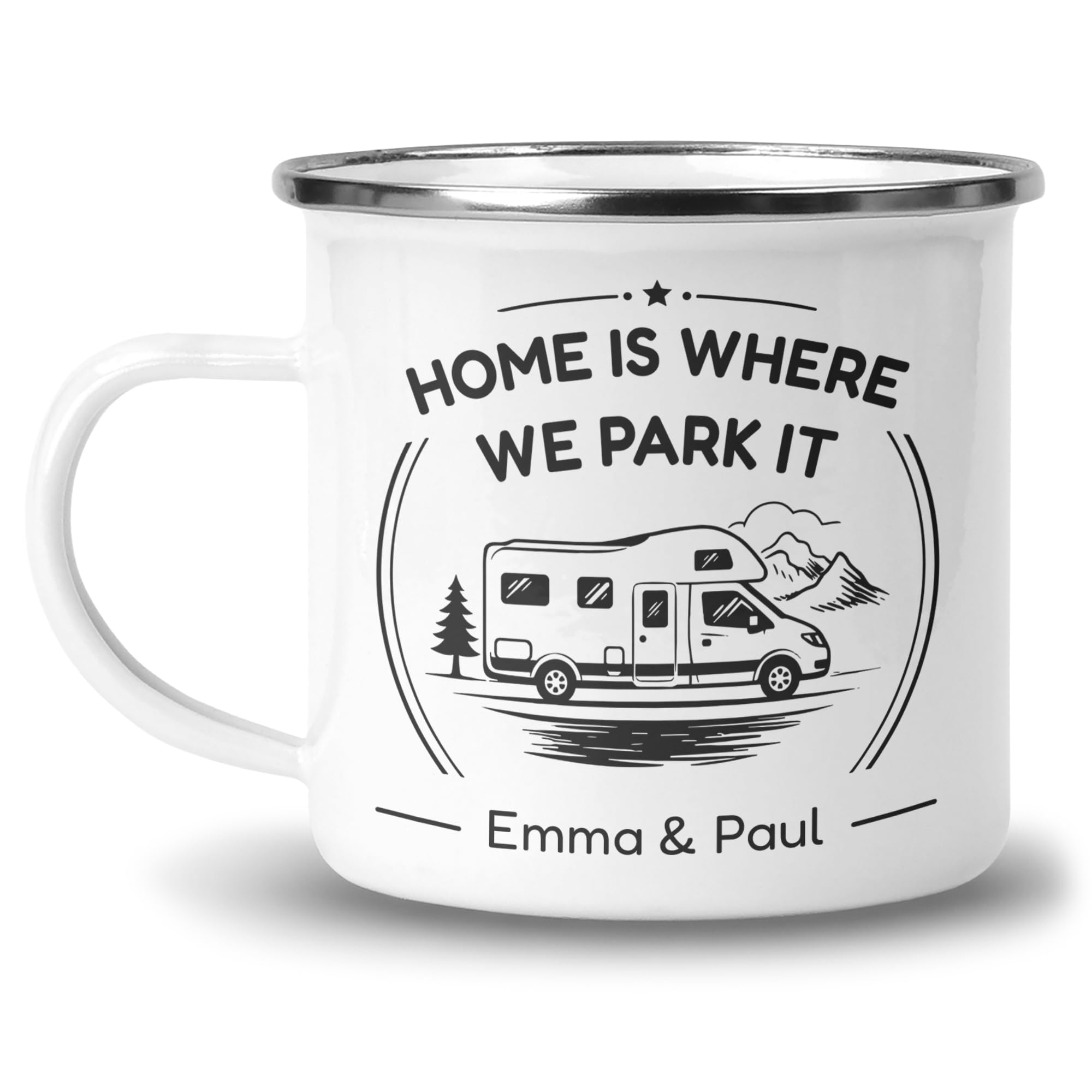 Chicken Craft Personalised Motorhome Enamel Mug - Grey Home is Where We Park It Low Profile Gift