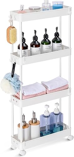 TOOLF Carrito de almacenamiento delgado con ruedas, organizador de baño de 4 niveles, carrito utilitario con ruedas con ganchos, organizador de