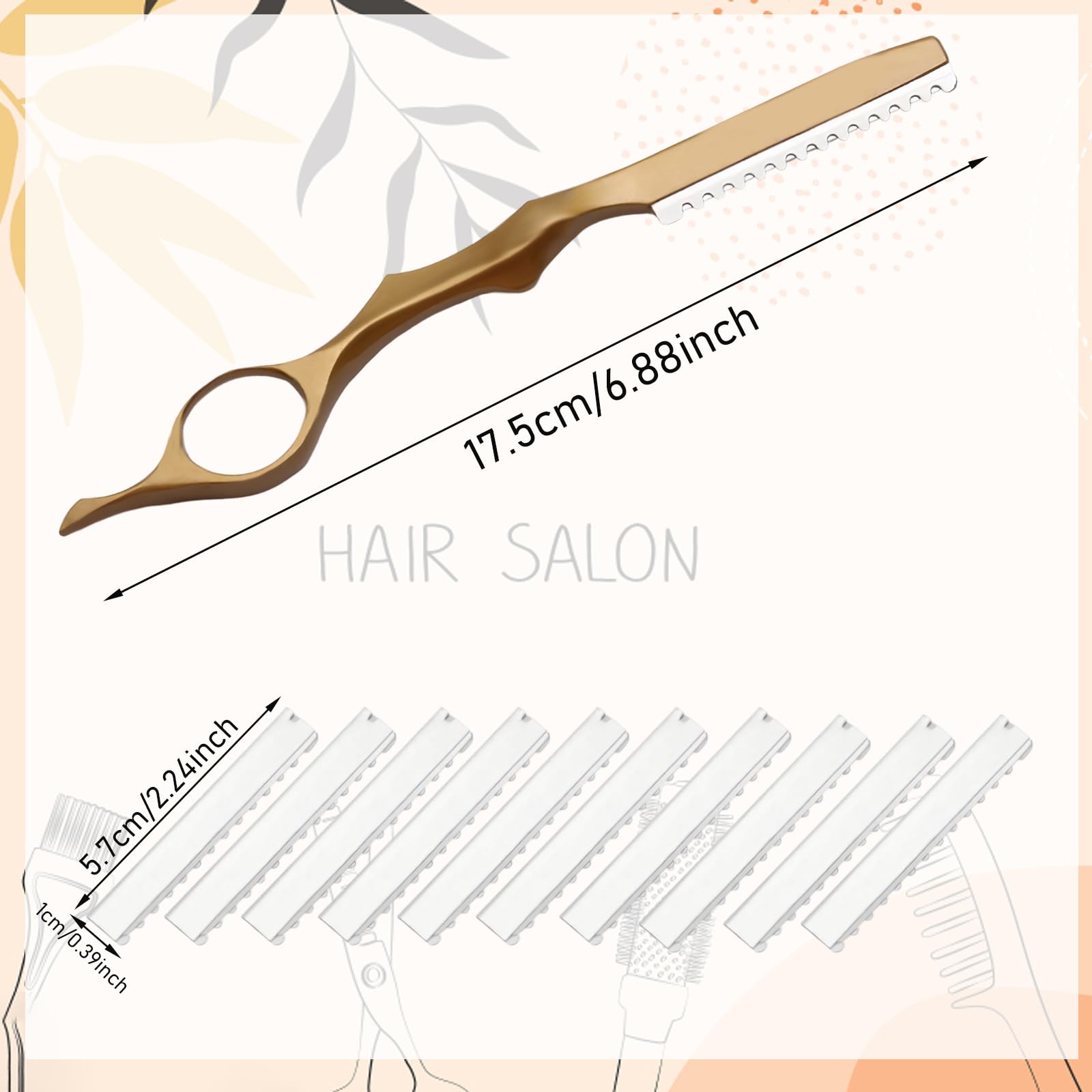 Cuchillo para Adelgazar el Cabello, Cuchilla de Afeitar de Peinado, Maquinillas de Afeitar Texturizadoras de Corte Manual de Cabello con 10 Navajas de Repuesto (Oro)