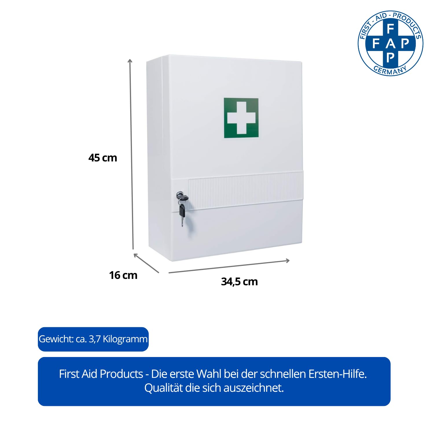 First Aid Products - Erste Hilfe Verbandschrank Kunststoff gefüllt mit DIN 13157, Medizinschrank mit 10 Fächern (4 variabel), Sicherheitsschloss – 45 x 34,5 x 16 cm - robust, kompakt & hängend Wand