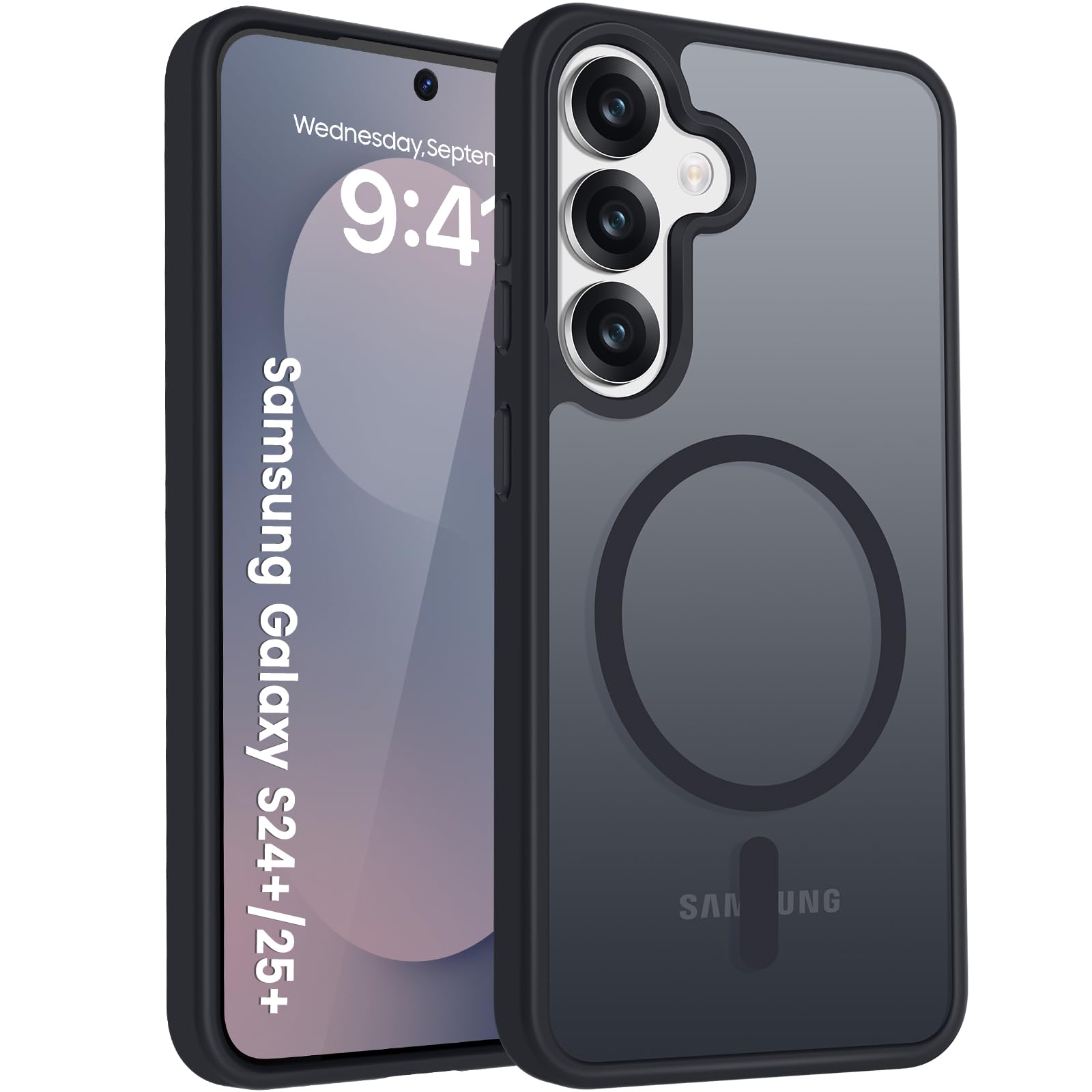 PuyaTeya für Samsung S24 Plus/S25 Plus Hülle, mit Magnetisch, Schwarz | Militärschutz Transluzent matt stoßfest Anti-Kratzen/Anti-Fingerprint/Anti-Glatte Handyhülle