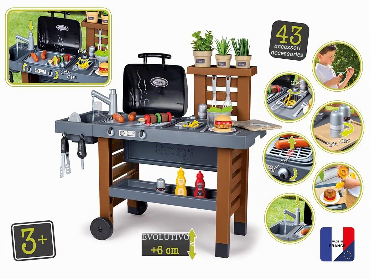 Smoby - Cucina da giardino - Cucina da esterno "Grow-with-me" - Stile barbecue - Griglia con fiamme magiche retrattili - 40 accessori - Dai 3 anni - Prodotto in Francia
