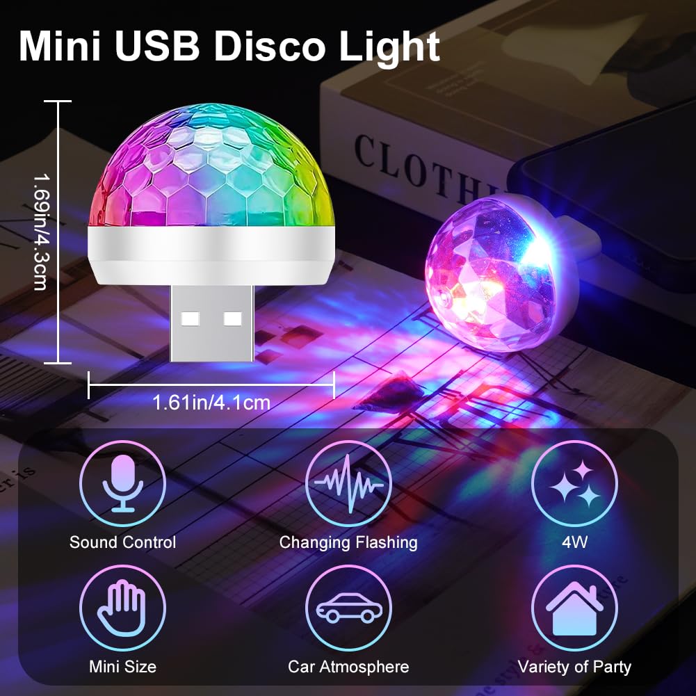 URAQT USB Lights Disco, Mini Disco Ball Lights, 4 kolorowe samochodowe lampki nastrojowe LED, Przenośne Mini Disco Lights RGB z 3 adapterami, Nadaje się na imprezę, klub, urodziny, karaoke (Biały)