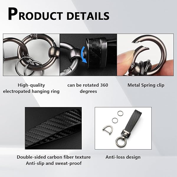 1 PC Carbon Fiber Style Car Keyring - Black Leather Keychain with 360° Rotating Anti-Lost D-Ring - Detachable Key Holder for Men and Women - 4