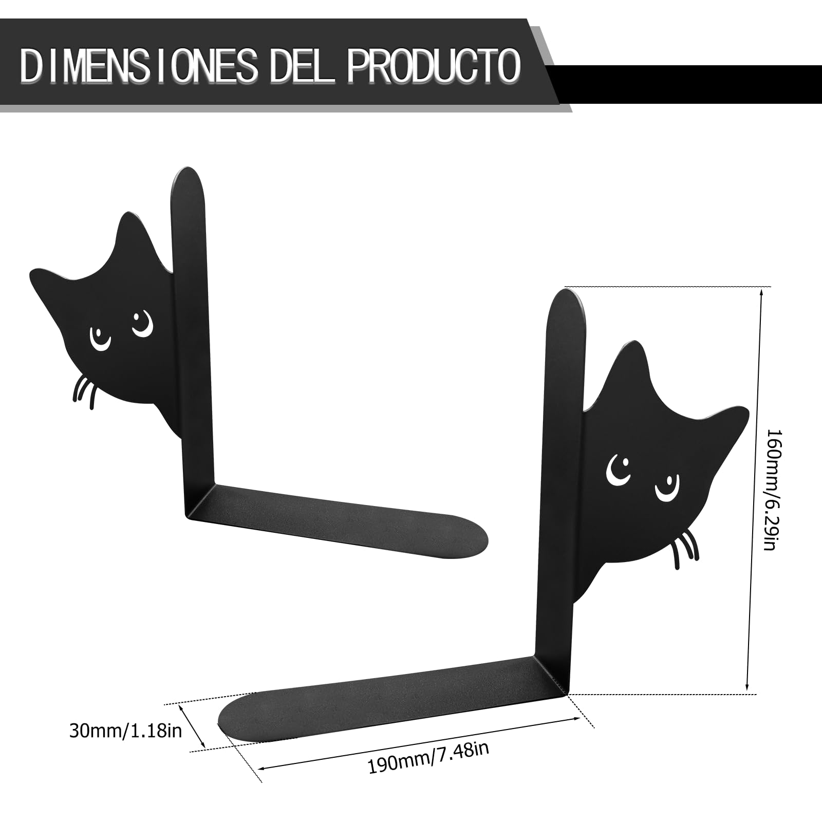 Sujetalibros de Metal, Pack de 2 Sujetalibros Gato Decorativos, Soportes para Libros Estantes, Oficina, Hogar, Negro
