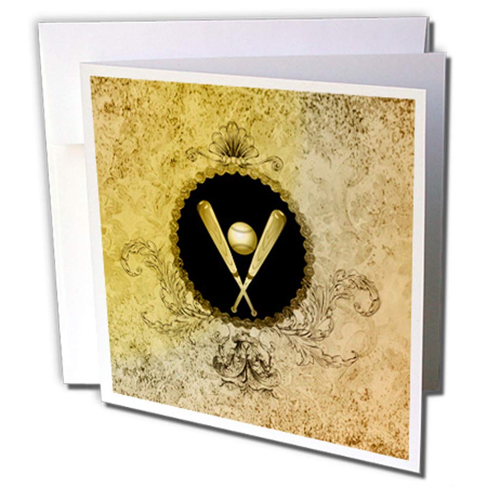 3dRose gc_243146_1 6 x 6-Inch "Baseball with Baseball Bat and Damask" Greeting Card (Pack of 6)