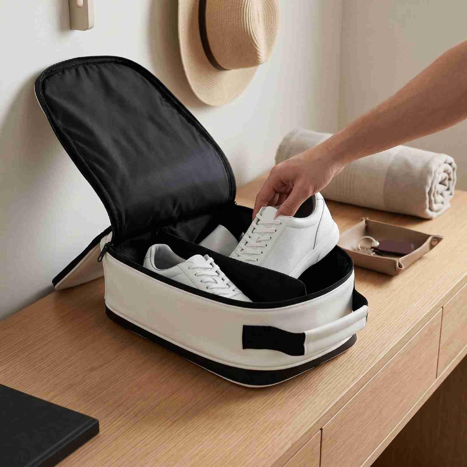 Reise-Schuhtasche, Geräumige Tragetasche mit Reißverschluss für Golf und Sport, Belüfteter Organizer aus Weißem PU-Leder mit Griff