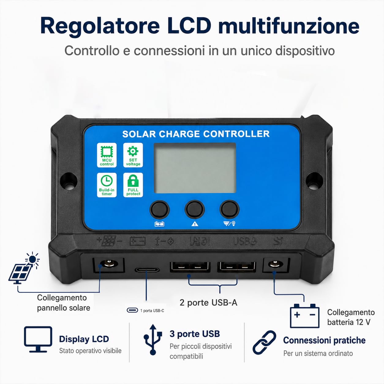 Kit Pannello Solare Rigido 30W 12V con Regolatore per Auto e Camper | Struttura rigida e formato compatto, con morsetti e adattatore accendisigari per batterie di auto, camper, moto e barche.