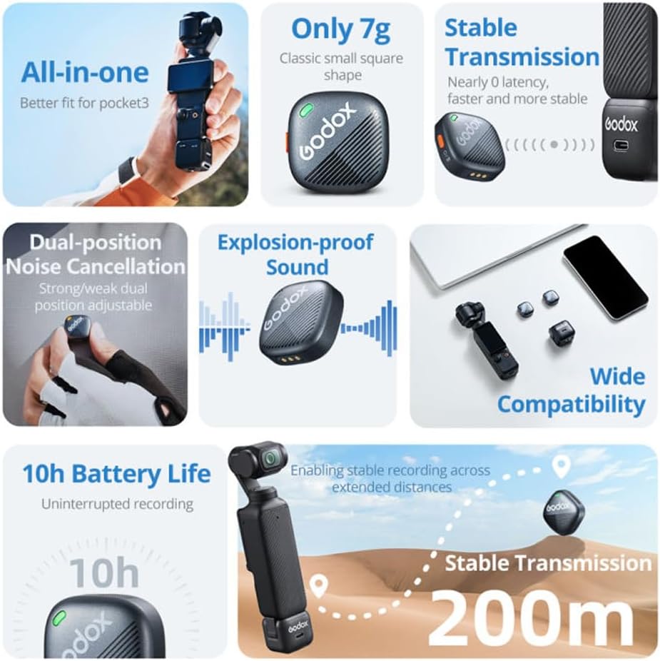 GODOX Cube-OP3 Wireless Lavalier Microphone for DJI Osmo Pocket 3,Noise Cancellation, 10H Battery Life,Mini Wireless Mic for Camera/iPhone/Android, Vlog,Live Streaming (OP3)