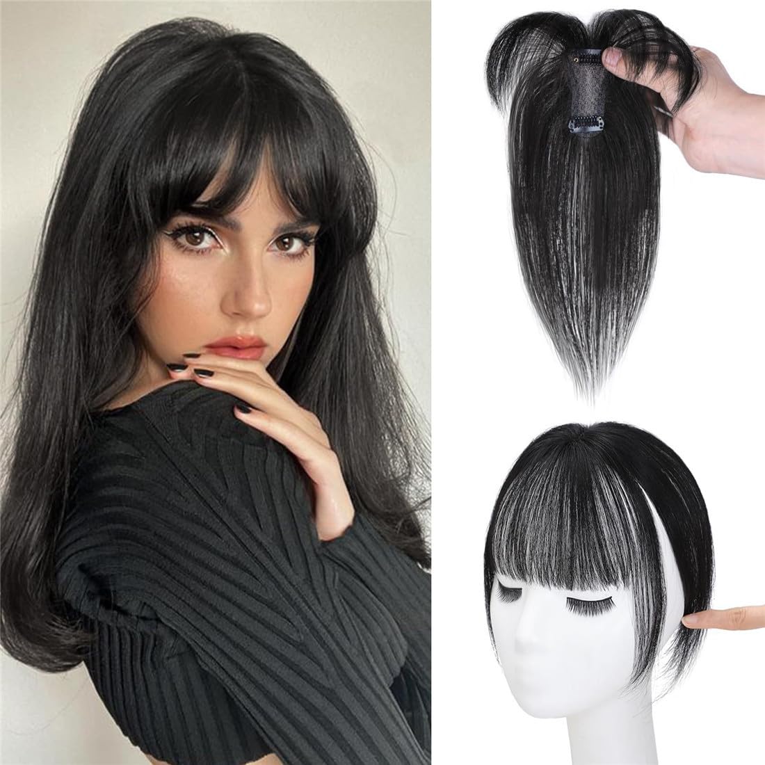 2"x2.7" Small Base Human Hair Bangs Topper with Clips, Multiple Colors Available, 10inch 3D Airy Bangs Topper Natural Looking Hair Extension (613 Blonde)