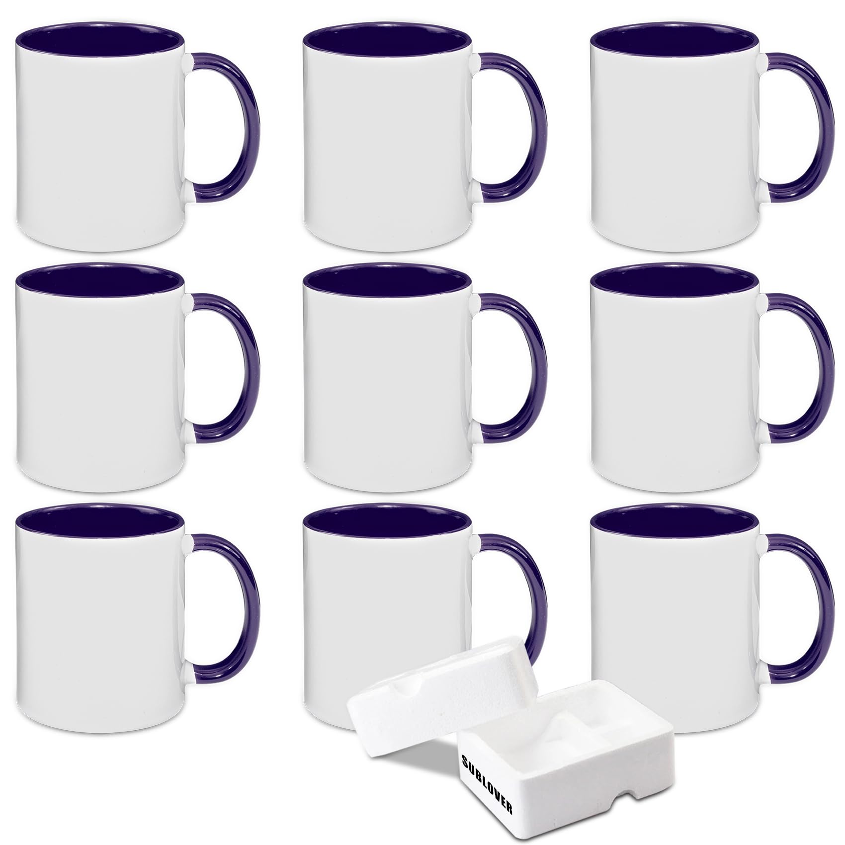 SUBLOVER Juego de 9 tazas de cerámica blancas para sublimación, tazas de café de 325 ml, tazas de sublimación a granel para Navidad, para máquina de prensa de tazas, color interior y mango (morado)