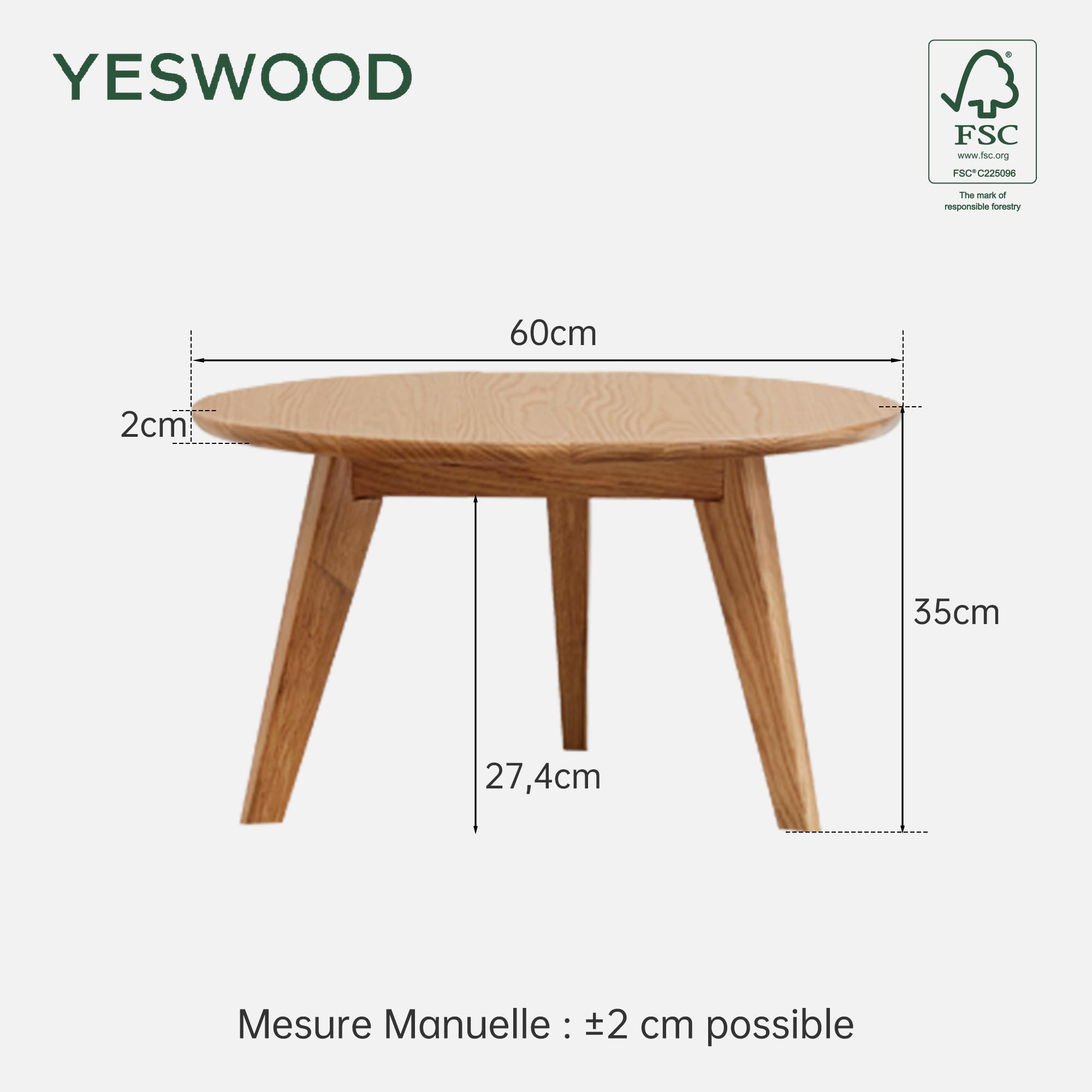 YESWOOD Table Basse Ronde en Chêne Massif, Style Moderne, Table d’Appoint pour Salon, Balcon, 60 x 60 x 35 cm, Chêne Naturel