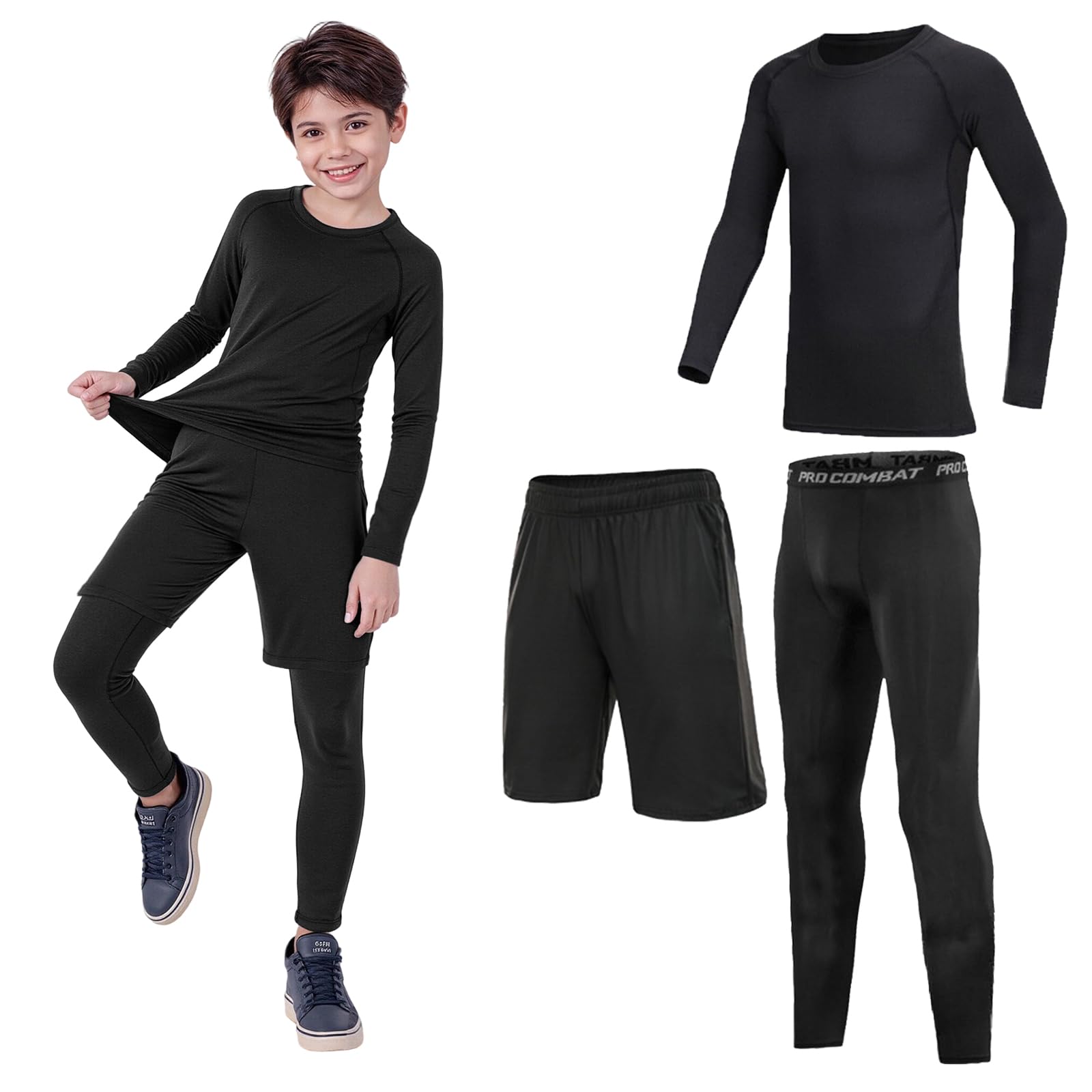 Ensemble de Sous-vêtements thermiques pour garçons, Haut à Manches Longues, Leggings doublés en Polaire, adapté au Sport, Football et Ski