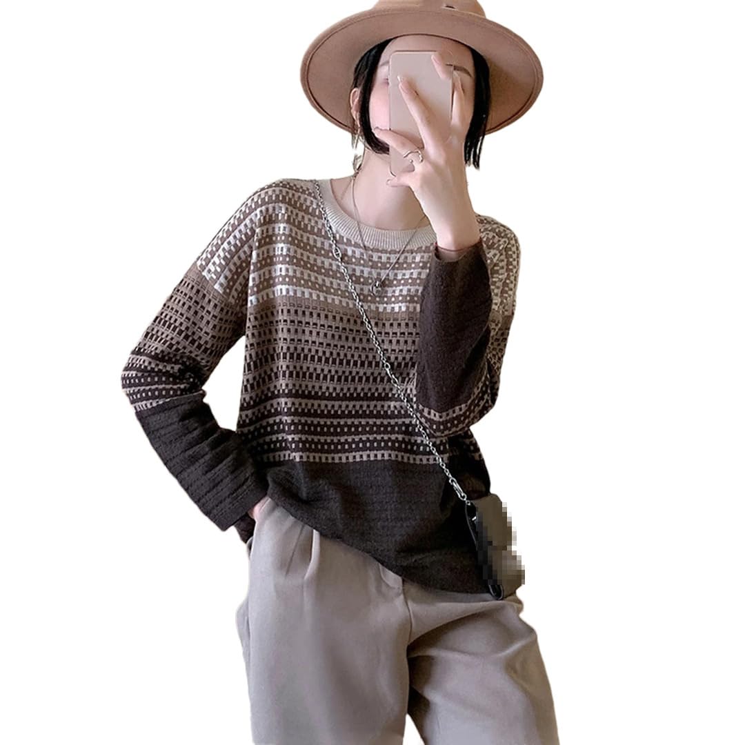 Damski sweter jesienno-zimowy w kolorowe bloki w kratę dzianinowe swetry okrągły dekolt retro ciepłe swetry