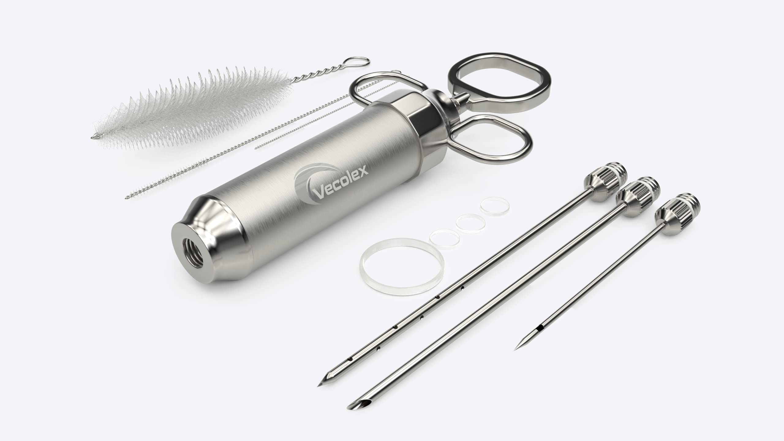 Meat Injector Marinade Syringe Stainless Steel Heavy Duty 2 Oz with 3 Needles 3 Brushes Spare O Rings