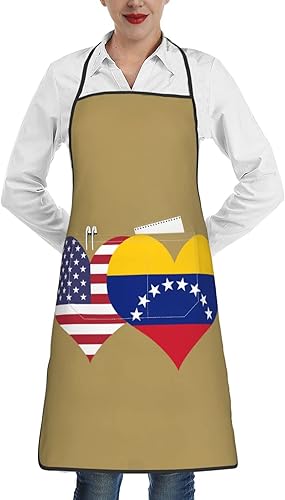 CUTEDWARF Delantal con bandera estadounidense y bandera venezolana, impermeable, para cocina, con bolsillos, ajustable, para cocinar, con bolsillos,