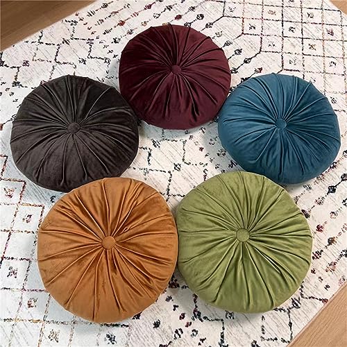 Rundes weiches plissiertes Samtkissen von Fouriding für Sofa, Bett, Auto, Meditationsstuhl, 35 cm (Weinrot)