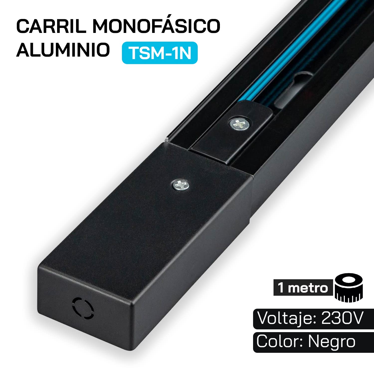 POPP® Carril monofasico 1 metro Accesorio para carril LED en manofasico superficie aluminio color negro (Negro 1 metro)