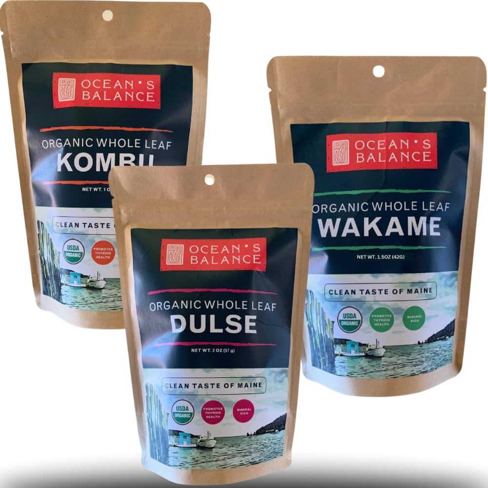 Ocean's Balance Organic Whole Leaf Seaweed Combo Pack (1 Oz Kombu + 1,5 Wakame + 2oz Dulse) - Maine Coast Seaweed - Perfect for Keto, Paleo, Vegetarian and Vegan Diets - Atlantic Coast Sea VegetablesUSDA Organic
