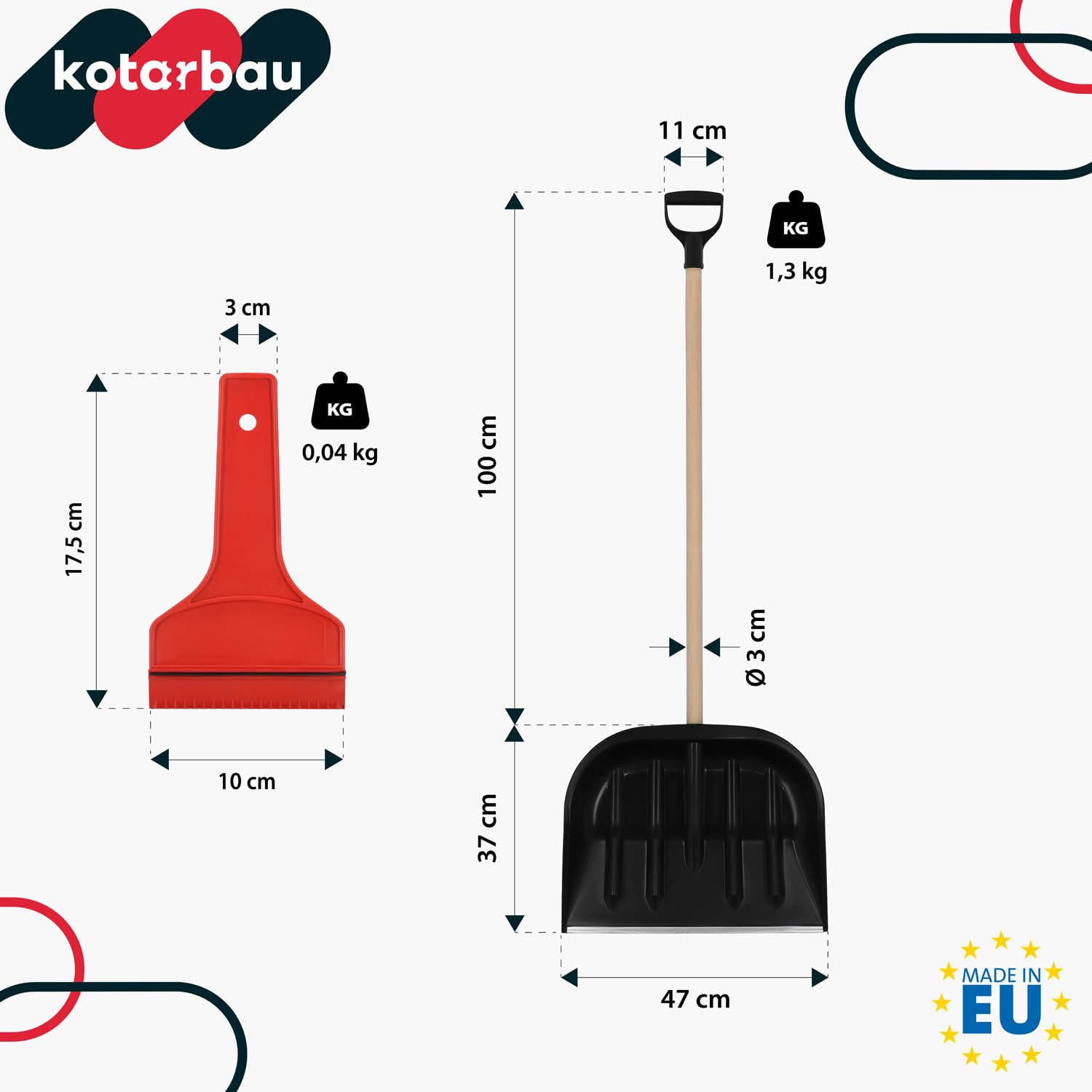 KOTARBAU® Juego de 2 palas de nieve para coche de 47 cm con mango de madera de 137 cm + raspador de hielo para coche, para quitar la nieve, rascador de parabrisas para coche con borde de goma — view 3