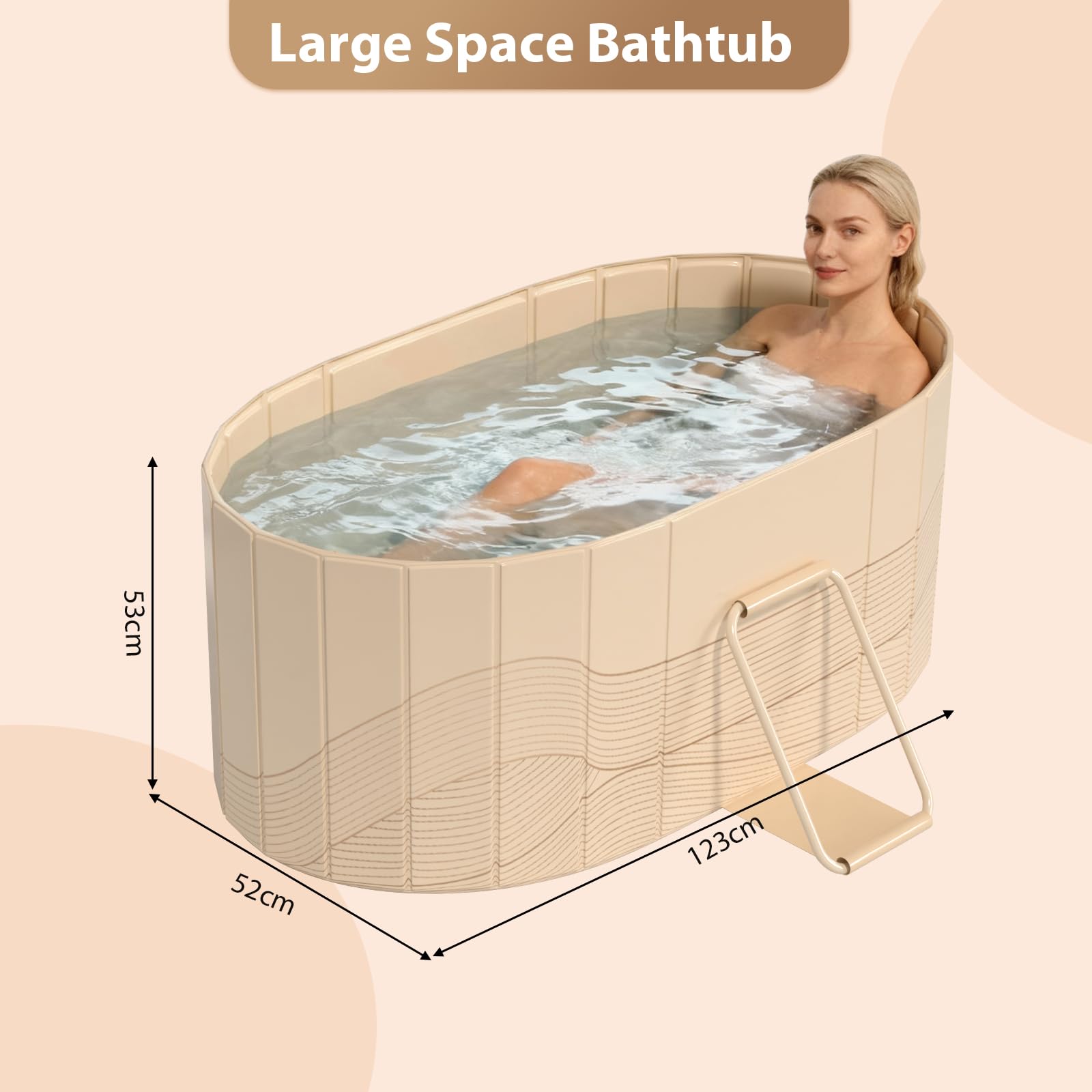 Vinteky Baignoire pliable adulte 123x52x53cm,Baignoire portable pliable avec 2 panneaux de support latéraux,2 trous de drainage,pour adultes,baignoires pour Intérieur/Extérieur (Doré)