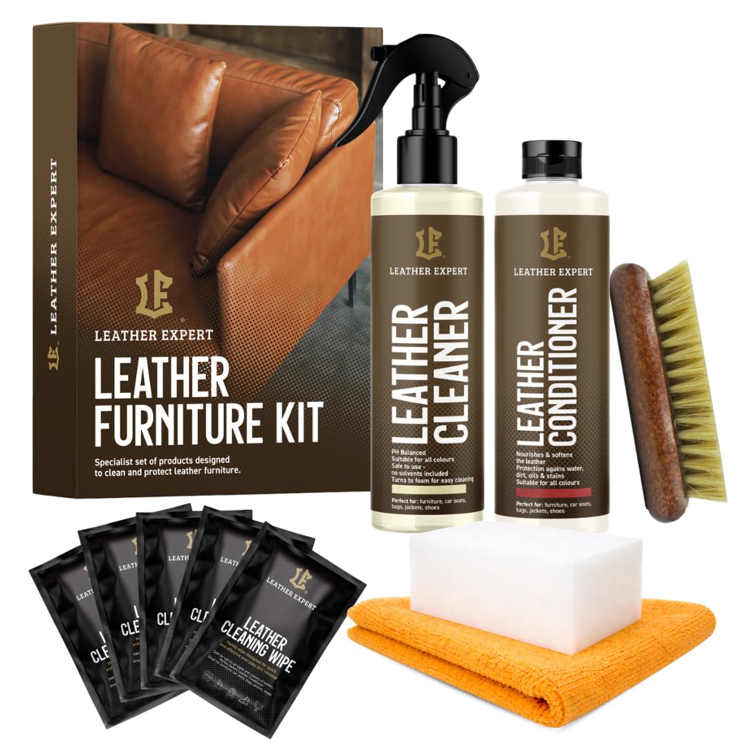 Kit d'entretien pour canapé en cuir - Couleur neutre - Nettoyant pour cuir et cuir - 250 ml - Biodégradable - Soin du cuir pour meubles - Élimine les odeurs désagréables - Avec accessoires