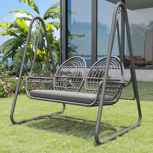 Gartenschaukel Hollywoodschaukel für 2 Personen, Outdoor Schaukel mit Rückenlehne, Doppelschaukel aus PE-Rattan, Grau Kissen und Grau...