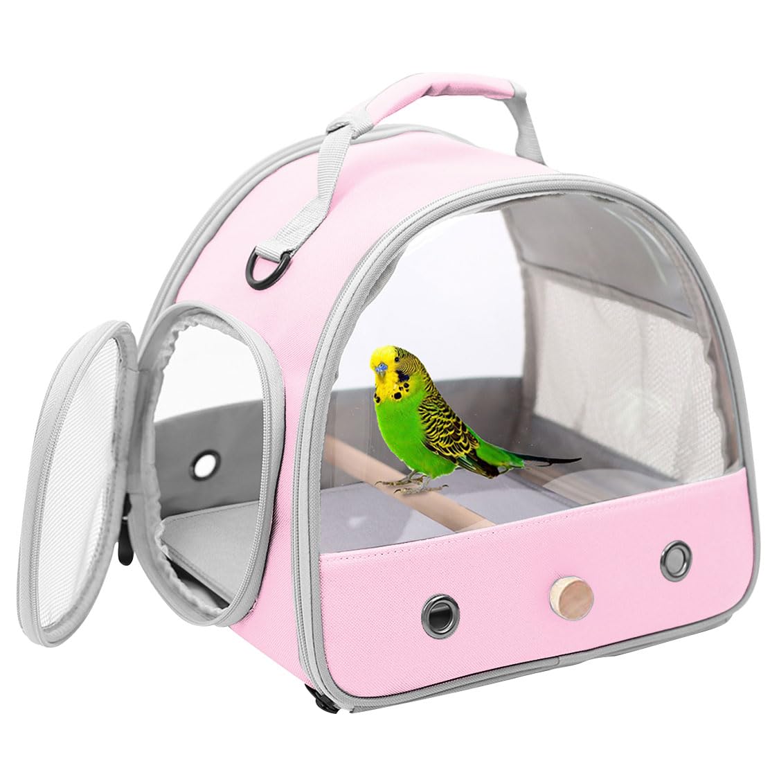 Vogelträger, tragbare Vogeltrage für Papageien, Sittiche, Wellensittiche, kleine Vögel mit weicher Matte und Holzstange (Rosa)
