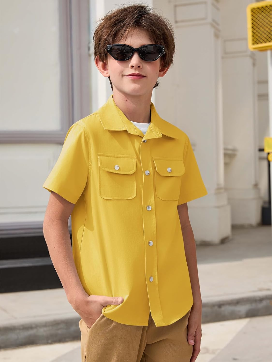 Haloumoning Boys Short Sleeve Button Down Shirt Kids School Uniform Dress Shirts with Chest Pockets 5-14 Years - Image 2