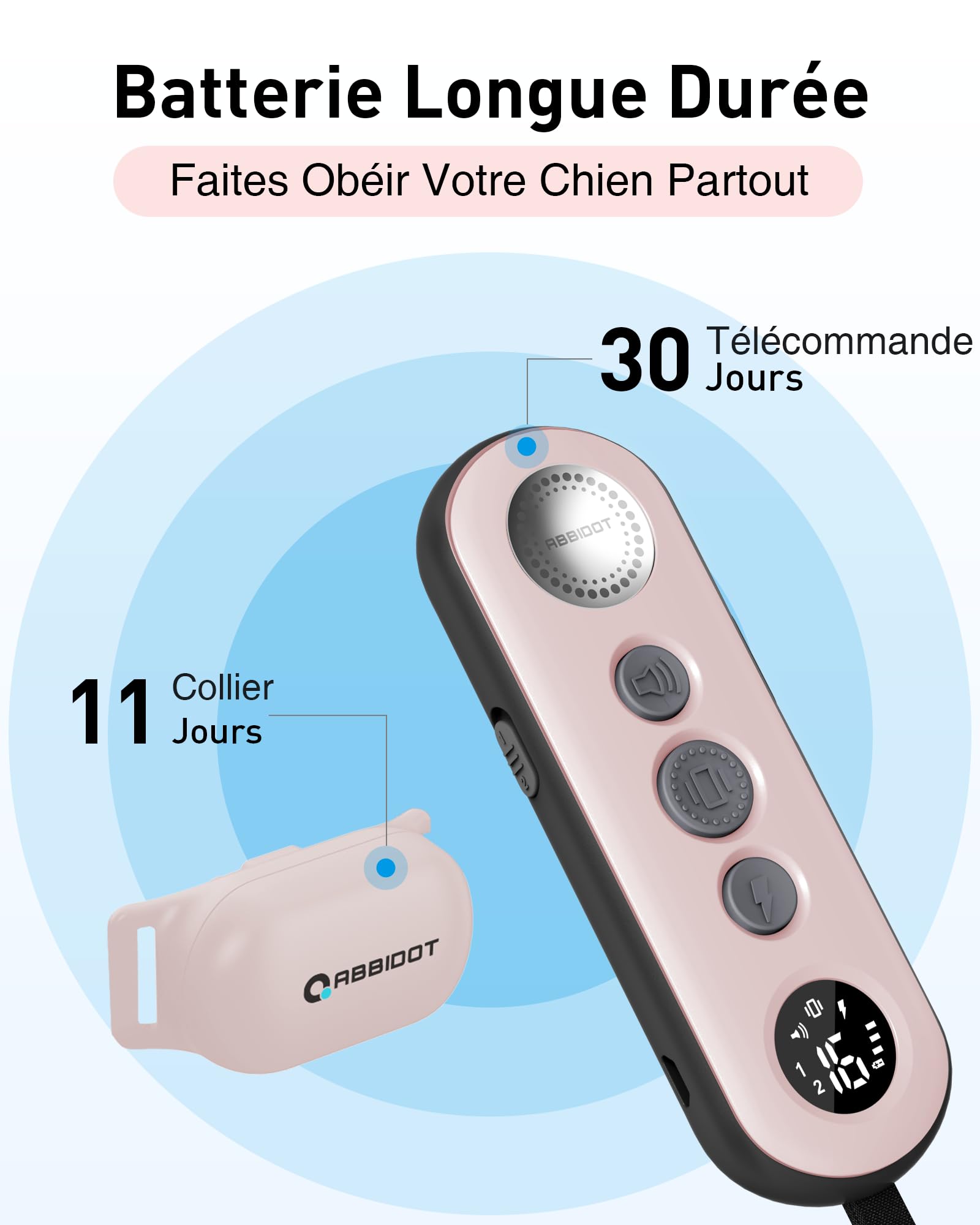 ABBIDOT Collier de Dressage pour Chien - Portée de 1.5km, 3 Modes de Dressage, Bip Vibration Sûr Choc, Collier Electrique pour Petits et Grands Chiens, Étanche Rechargeable, Poids Léger (6-55 kg)