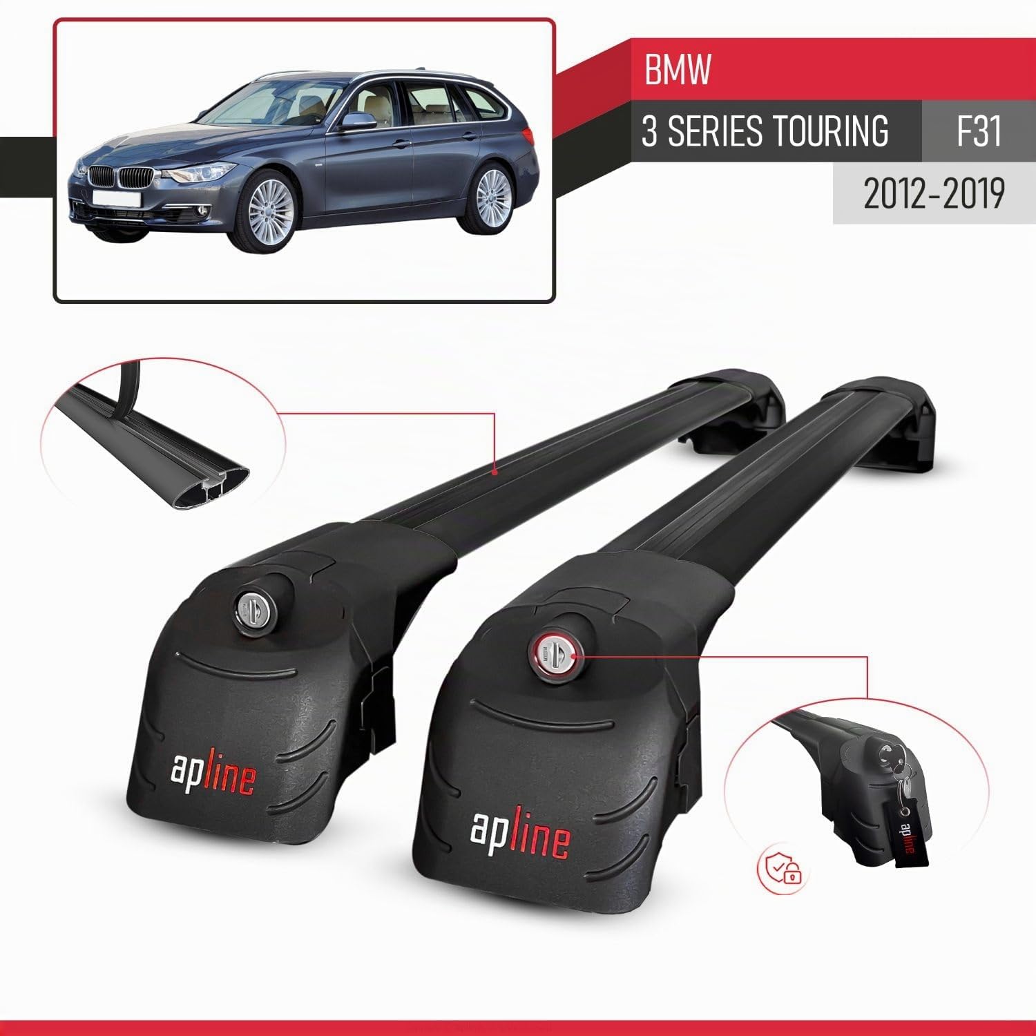Compatible con BMW Serie 3 (F31) Touring 2012-2019 ACE-2 Barras de Techo Auto Portaequipajes Barras Transversales Negro Aluminio 2 Barras