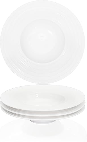 Tazones de sopa Plato de sopa de 8 onzas para pasta, juego de 4 platos blancos poco profundos, cuencos de porcelana con borde, hornos de microondas