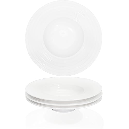 Soup Bowls Soup plate 8 Ounce Pasta Bowl Set of 4 White Shallow Bowl Plates, Porcelain Rimmed Bowls With Rim,Microwave ovens and refrigerators safe 9.6 Inch Coil texture relief