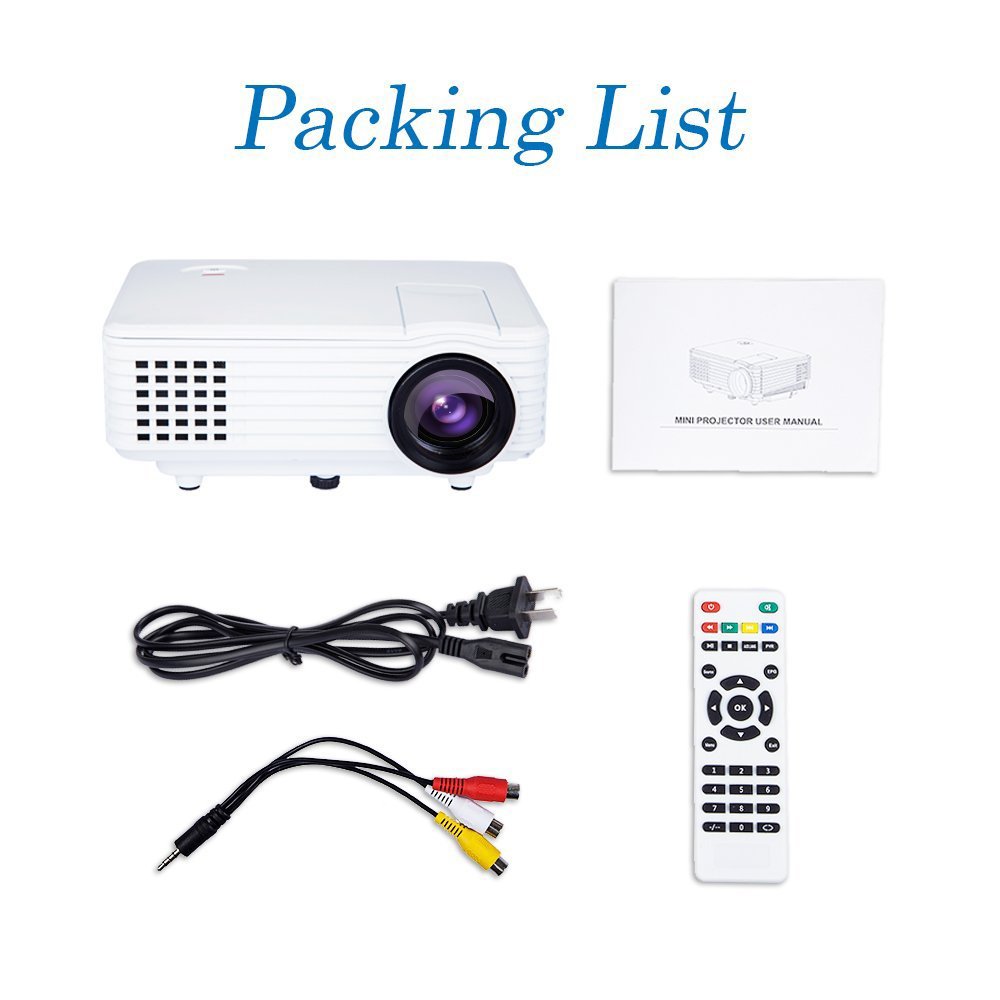 DBPower RD-805 Projector and accessories including power cable, AV cable, remote control, and user manual