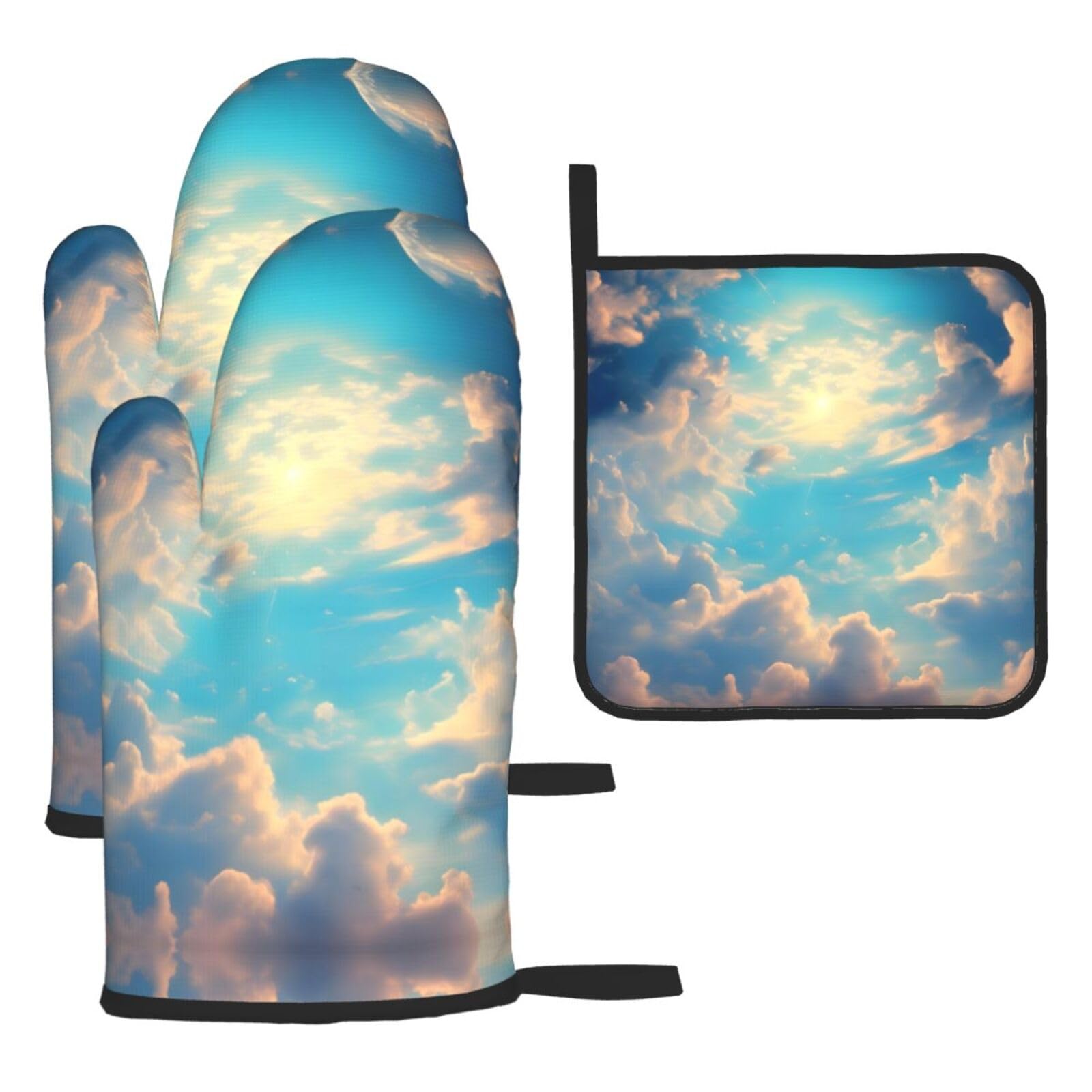 Cloudy Sky Oven mittens and oven mitts three-piece set suitable for oven, grilling, baking, microwave and home cooking.