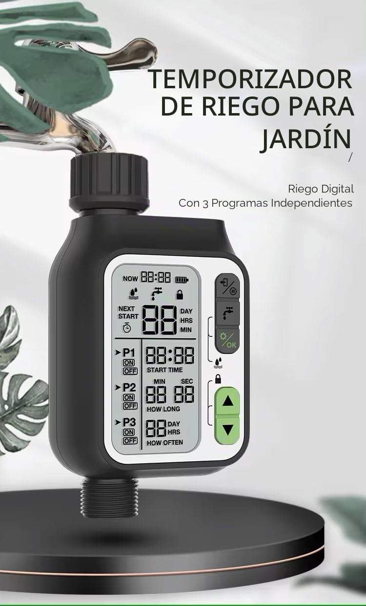 Temporizador de Riego con Sensor de Lluvia, 3 Programas, Pantalla LCD 3.5", IPX5 Resistente al Agua, Toma de 1/2"-3/4" para Jardín, Huerto, Cesped (Mod.355_Digital 3 Programs & Rain Sensor)