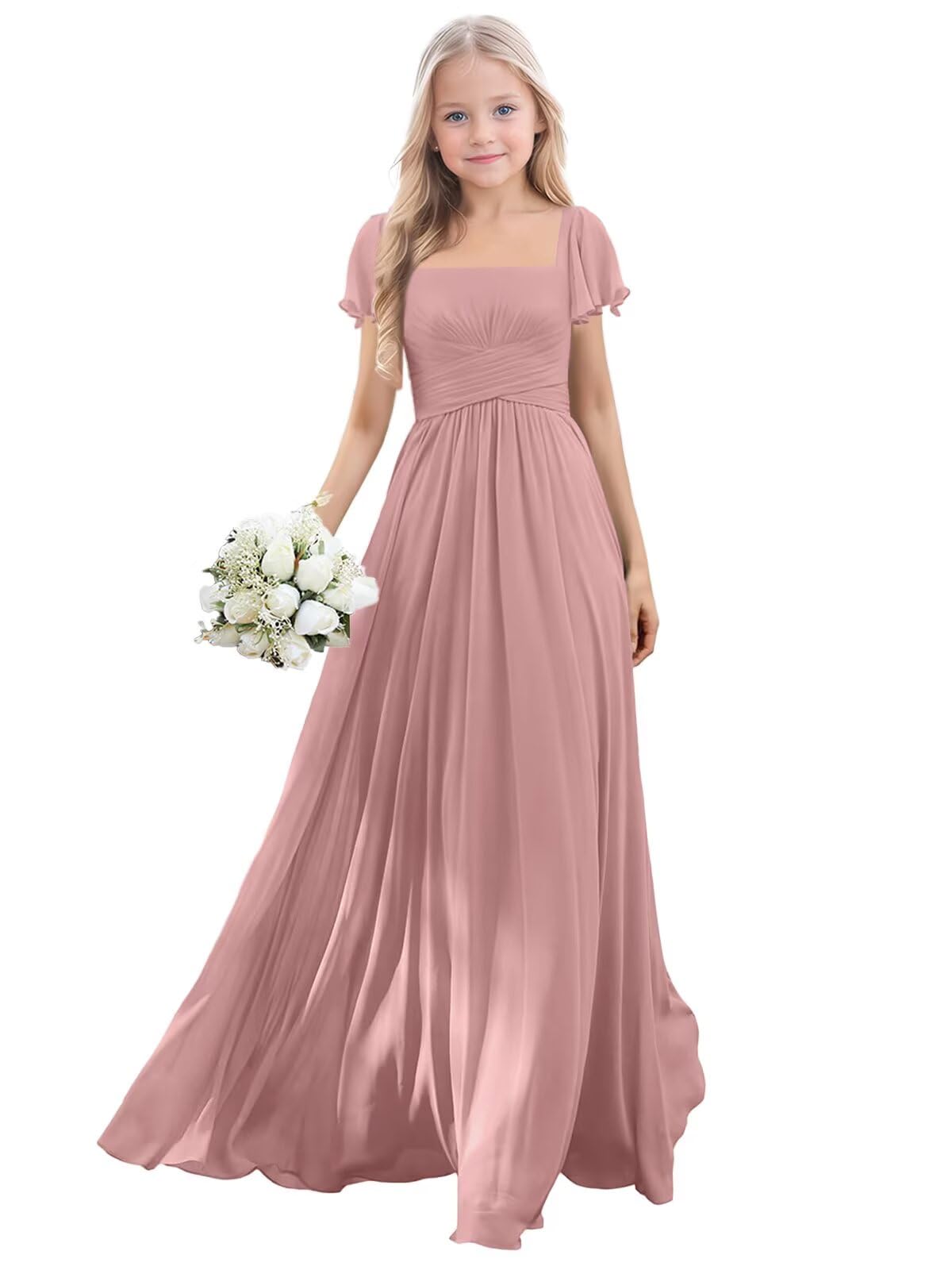 Naocca Short Sleeves Junior Bridesmaid Dresses Square Neck Flower Girl Dress Chiffon A Line Pageant Gown