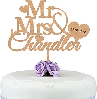 PERSONALISED Wedding/Anniversary WOODEN Cake Topper - Personalise with ANY SURNAME and ANY DATE - Mr And Mrs Cake Decoration - Made from Cherry or MDF