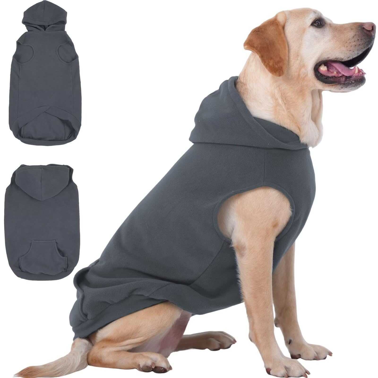 IECOii XXL Dog Hoodie for Extra Large Dogs,Fleece Doggy Sweatshirt for Large Breed Male Female Dog,Pet Pouch Hoodie Jumper Pet Winter Coat For Large Size Dogs Christmas Sweater for Pitbull,Grey,2XL