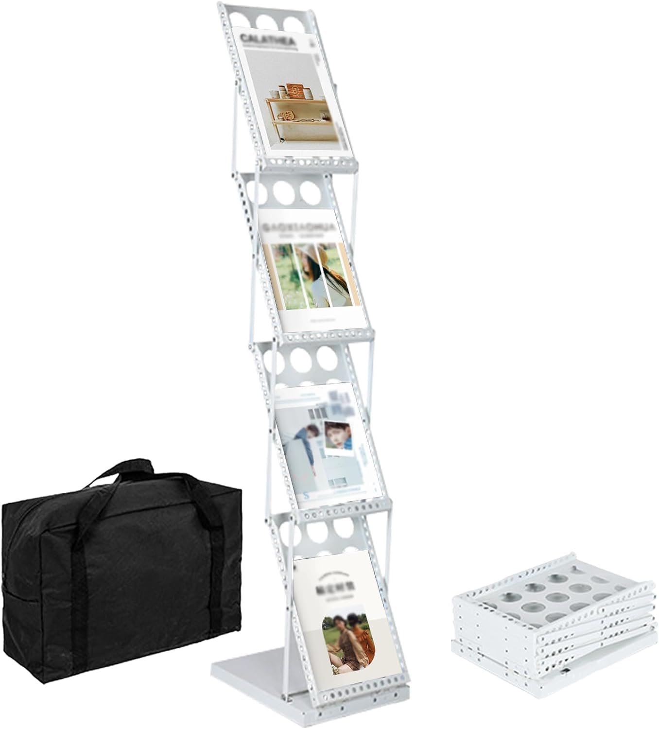 マガジンラック パンフレットディスプレイスタンド 4ポケット 折りたたみ式文献カタログラック キャリーバッグ付き オフィスストア 展