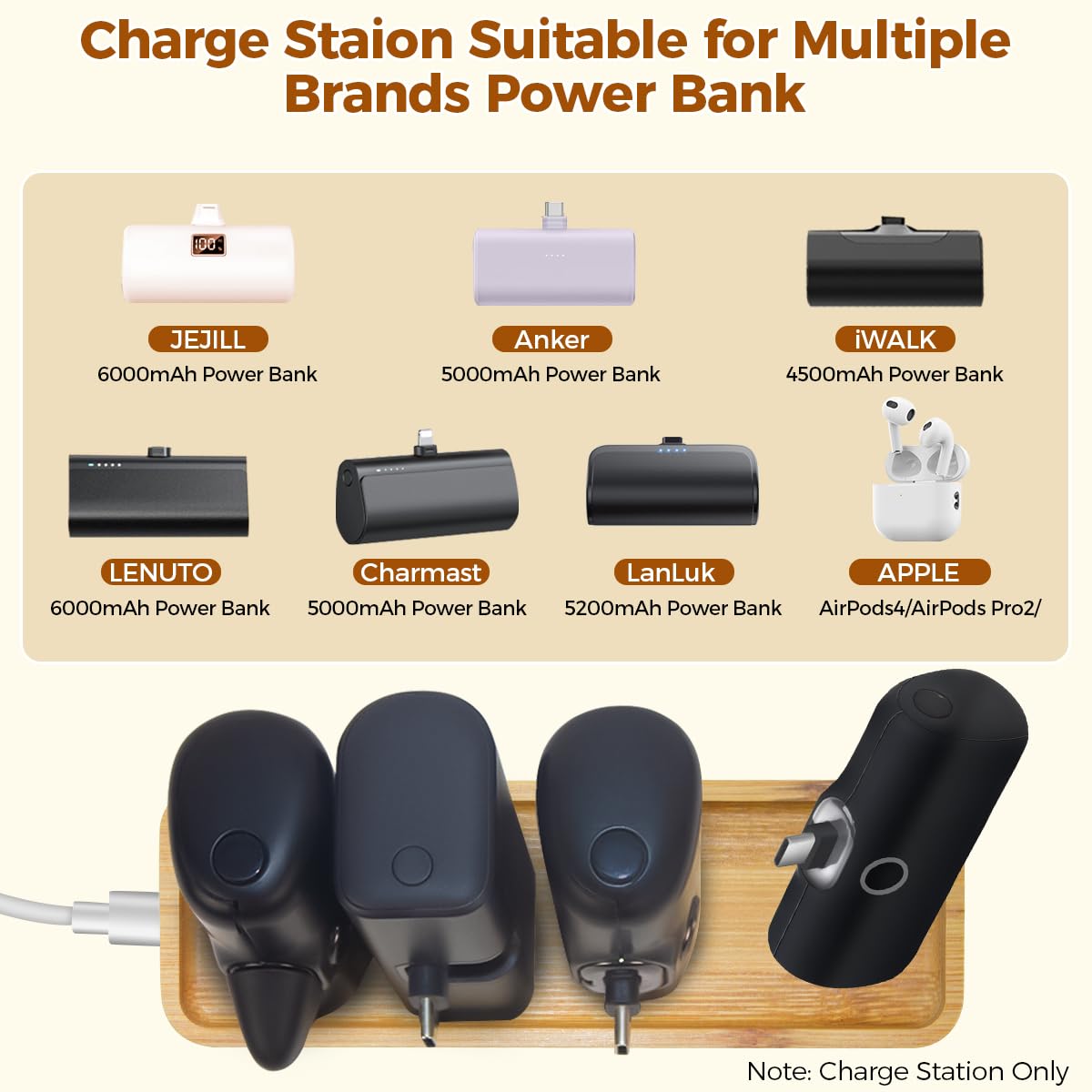 GNCNSHK Charger Station for Anker Nano 5000mAh Power Bank, Charger Compatible with iWALK/Charmast Multiple Brands Power Bank and Apple AirPods 4/Pro 2