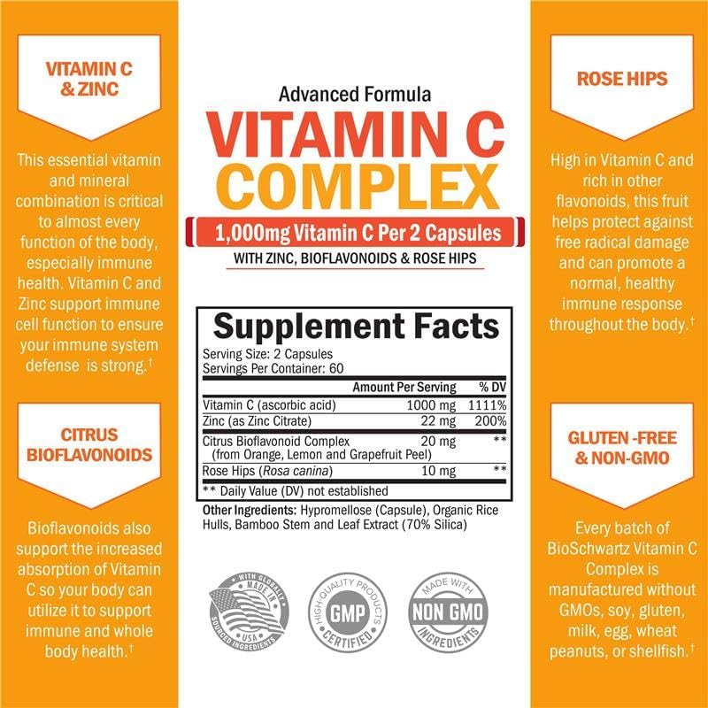 BioSchwartz Vitamin C Complex Supplement - Vitamin C 1000mg Capsules with Rose HIPS Zinc and Citrus Bioflavonoids for Immune Health, Cellular Energy, Collagen Production, 120 Count (60 Day Supply) - Image 3