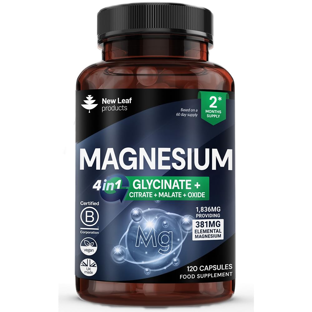 Magnesium Glycinate 4-in-1 Complex 2000mg - 449mg Elemental Magnesium High Strength Magnesium Supplements - Magnesium Bisglycinate,Citrate, Malate, Oxide - 120 Capsules - Vegan UK Made by New Leaf