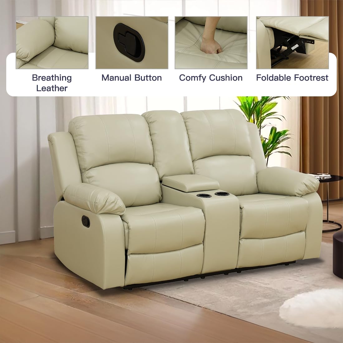Toseslo Manual Recliner Loveseat Set, Living Room Furniture Sets, 2 Seater Modern Reclining Couches, Beige Leather Reclining Couch Sets with Storage Console/Cup Holder for Living Room/Apartment view 4