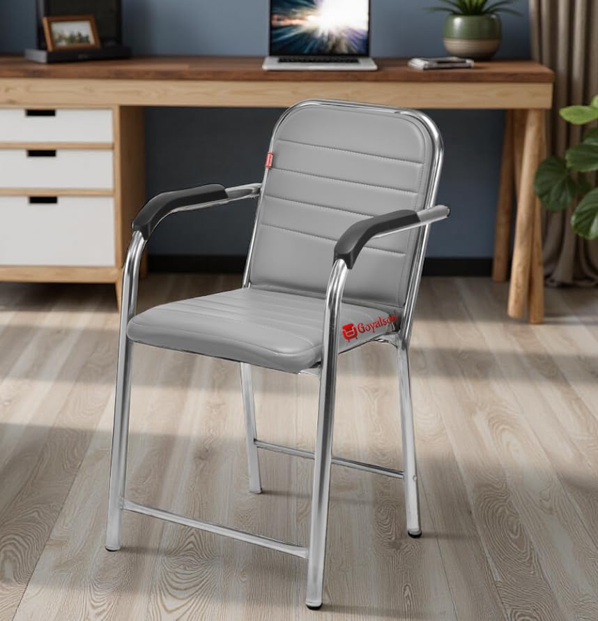 Image of GOYALSON Office Chair Visitor with arm Rest with Steel Frame and Cushioned seat Back Chair Without Wheels Chair (1, Grey, Heavy 1)