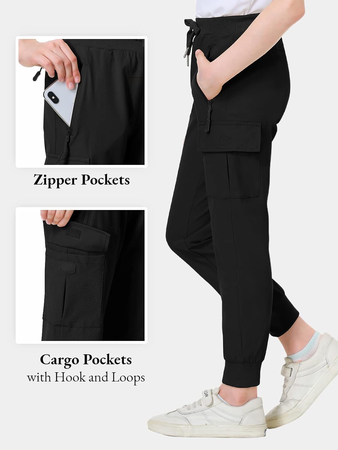 EXARUS Girls Pants Cargo Joggers Teen Slim Fit with Zip Pockets Kids Quick Dry Lightweight Drawstring High Waisted 8-14Y - Image 2