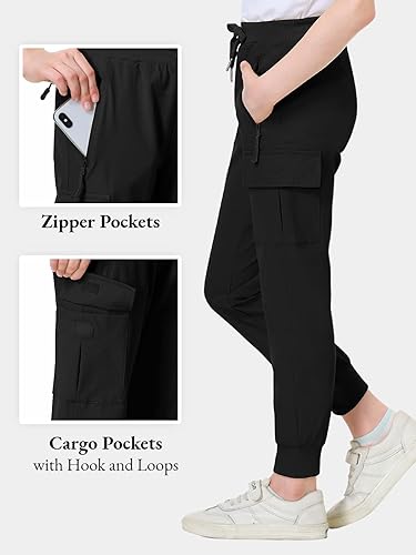 Miniatura 2 de EXARUS Pantalones cargo para niñas, pantalones deportivos ajustados con bolsillos con cremallera, de secado rápido, ligeros, con cordón, cintura