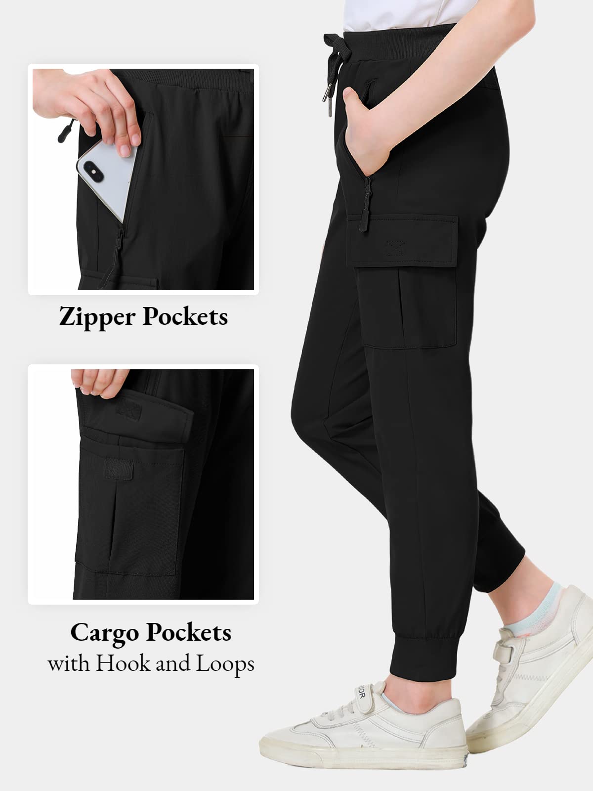 EXARUS Girls Pants Hiking Kids Cargo Joggers Quick Dry Youth Golf Lightweight Pockets Drawstring Track Safari Scout High Waist Black 12Y